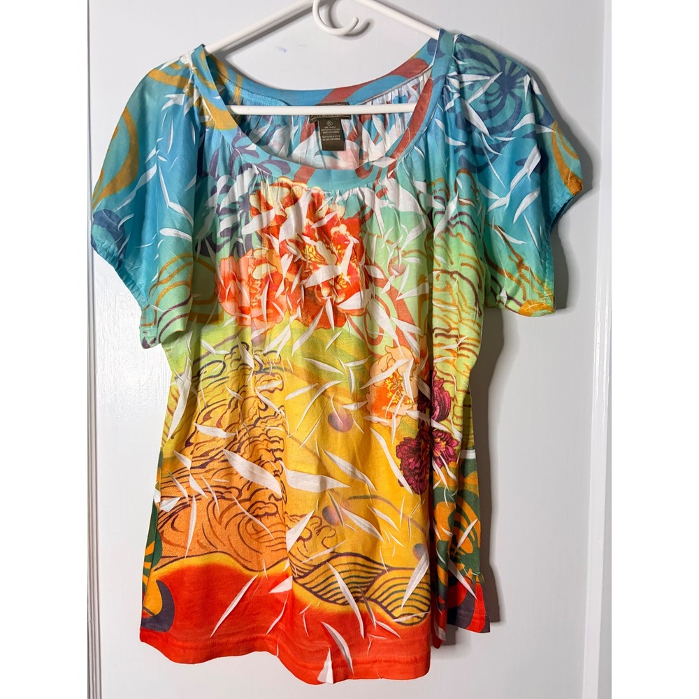 Jane Ashley Casual Lifestyle Womens XL Tropical Floral Bamboo Print Blouse Multi